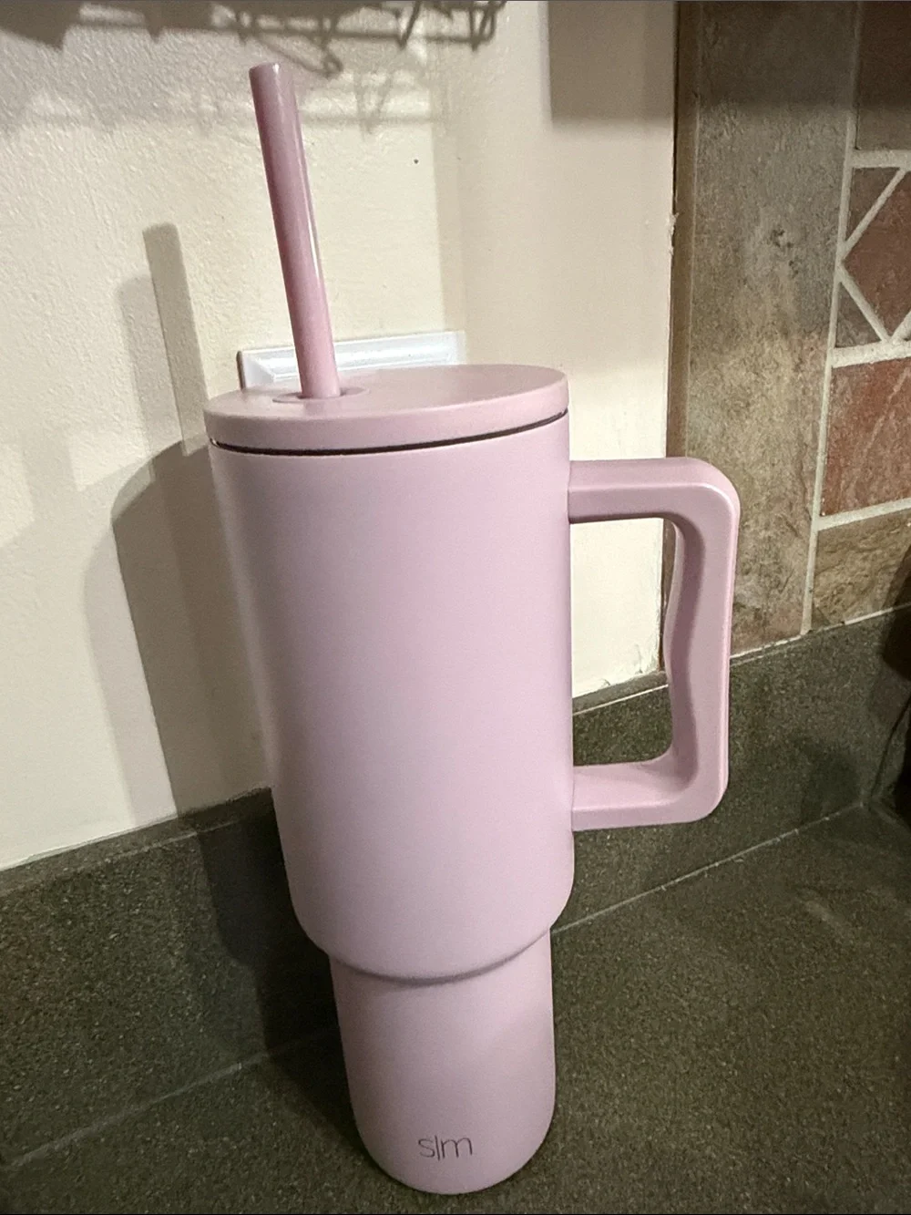 Pink Insulated Travel Mug with Handle & Straw